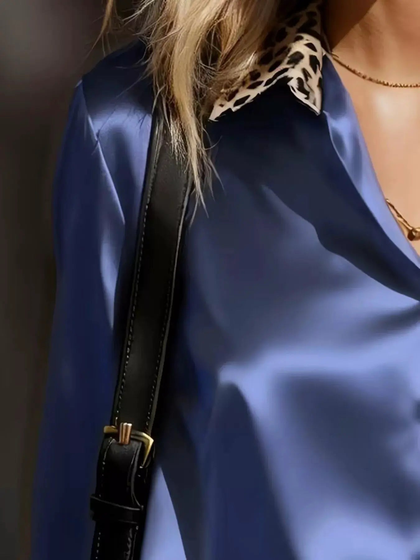 Leopard Button Up Long Sleeve Shirt in blue satin with leopard-print collar by Belle Bijouix