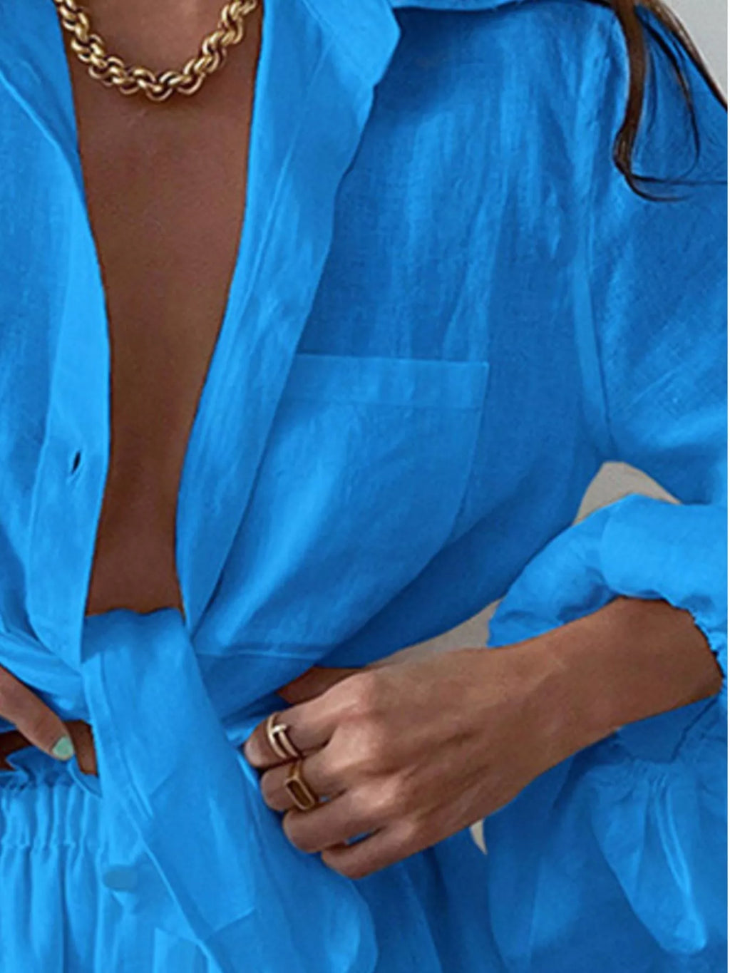 Button-up long-sleeve shirt and shorts set in cobalt blue, Trendsi