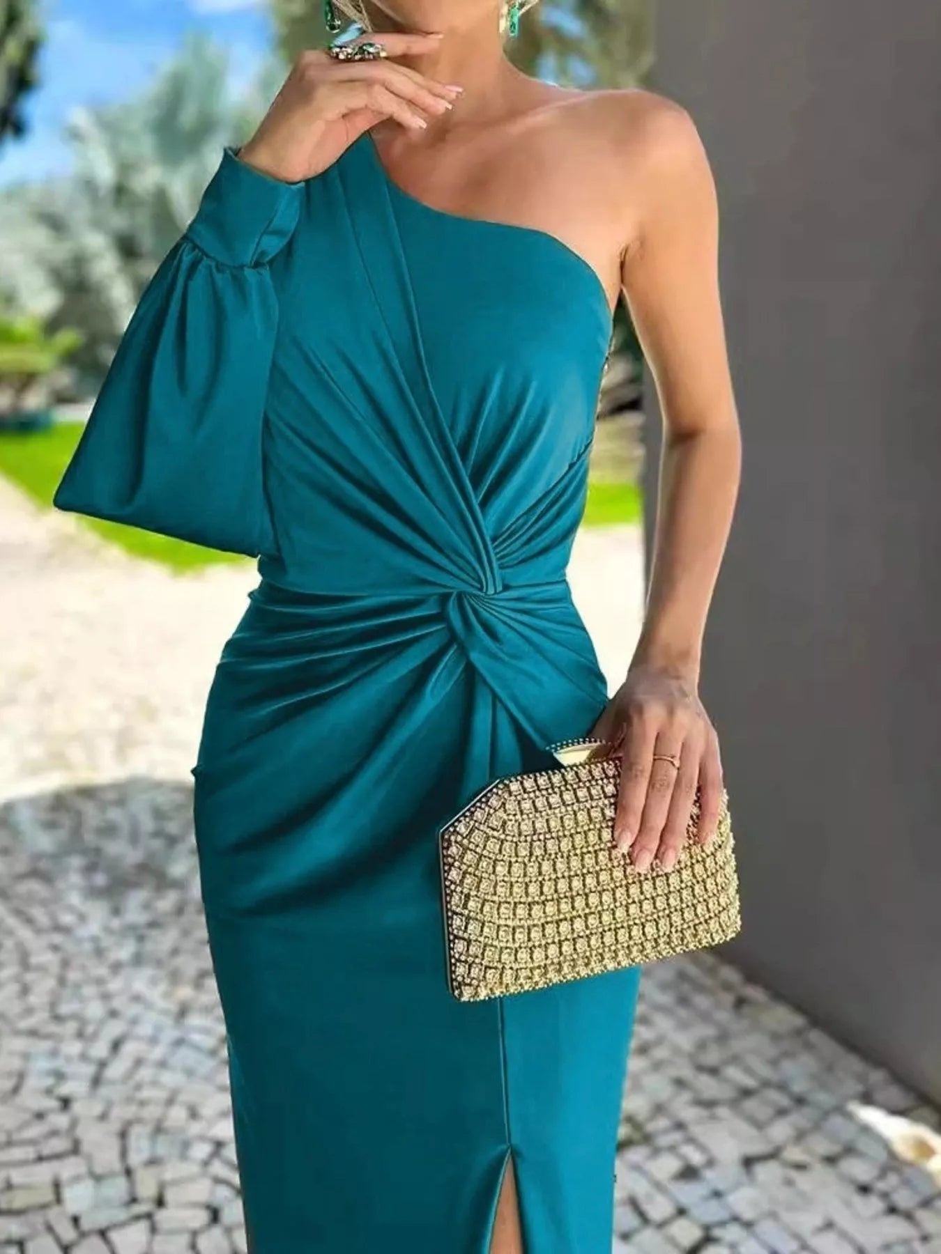 Full Size One-Shoulder Knot Detail Slit Maxi Dress Plus Size in teal by Trendsi