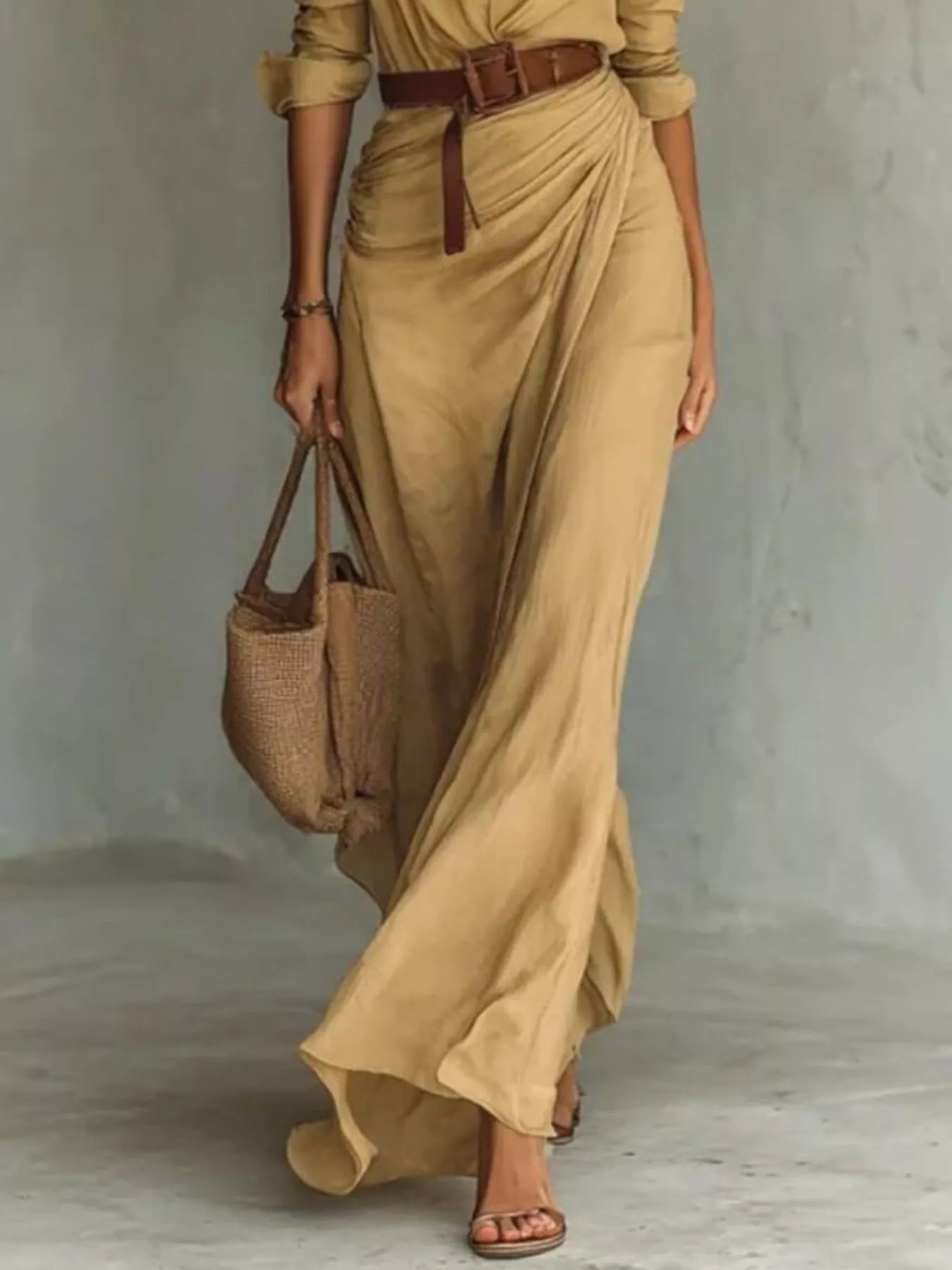 Full Size Ruched Long Sleeve Maxi Dress in tan, belted, plus-size