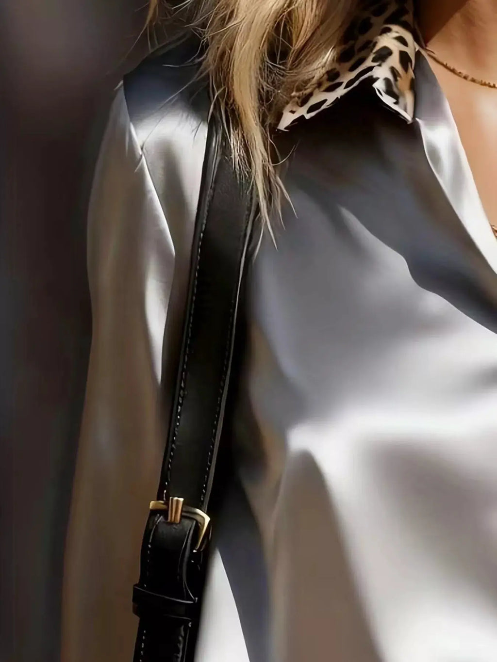Leopard Button Up Long Sleeve Shirt with leopard-print collar on white fabric