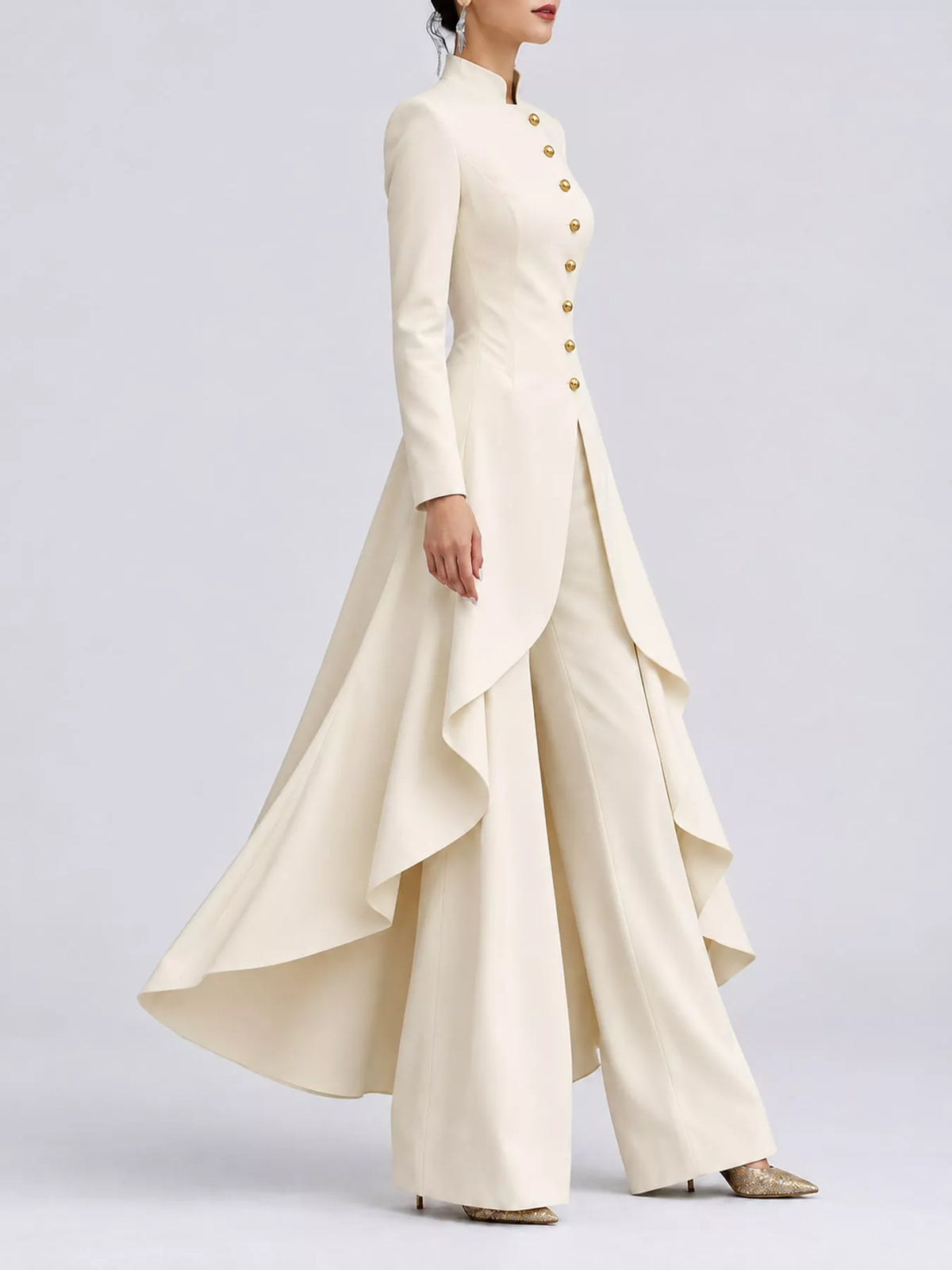 Ruffled High-Low Button Tunic & Wide-Leg Pants Set in Milky White by Belle Bijouix – view 22 of 82