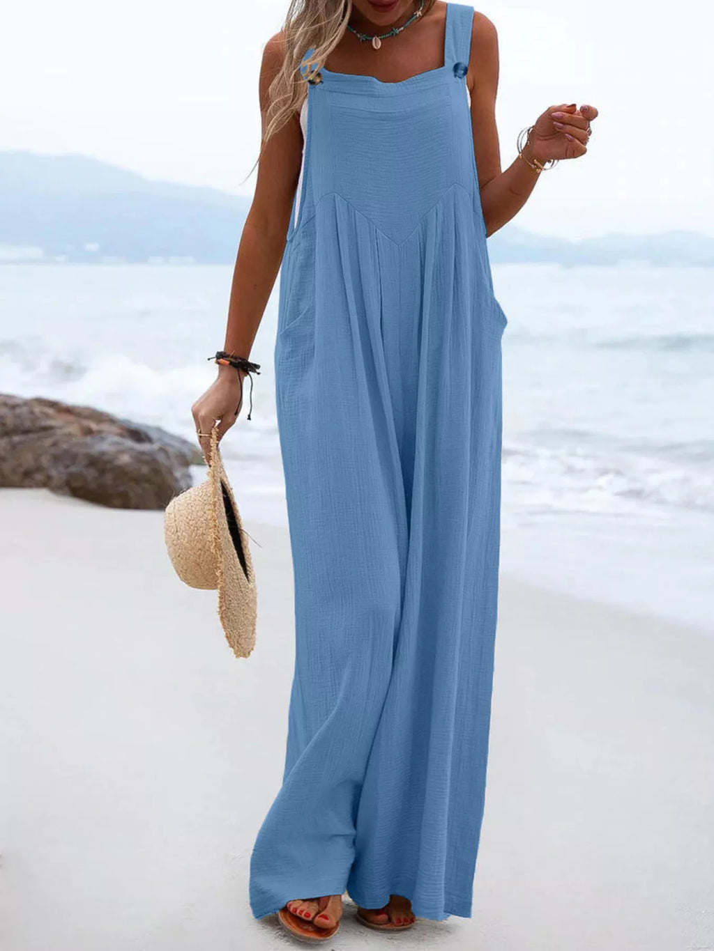 Full Size Casual Loose Wide-Leg Overalls in light blue, pocketed plus-size outfit set