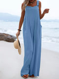 Full Size Casual Loose Wide-Leg Overalls in light blue, pocketed plus-size outfit set