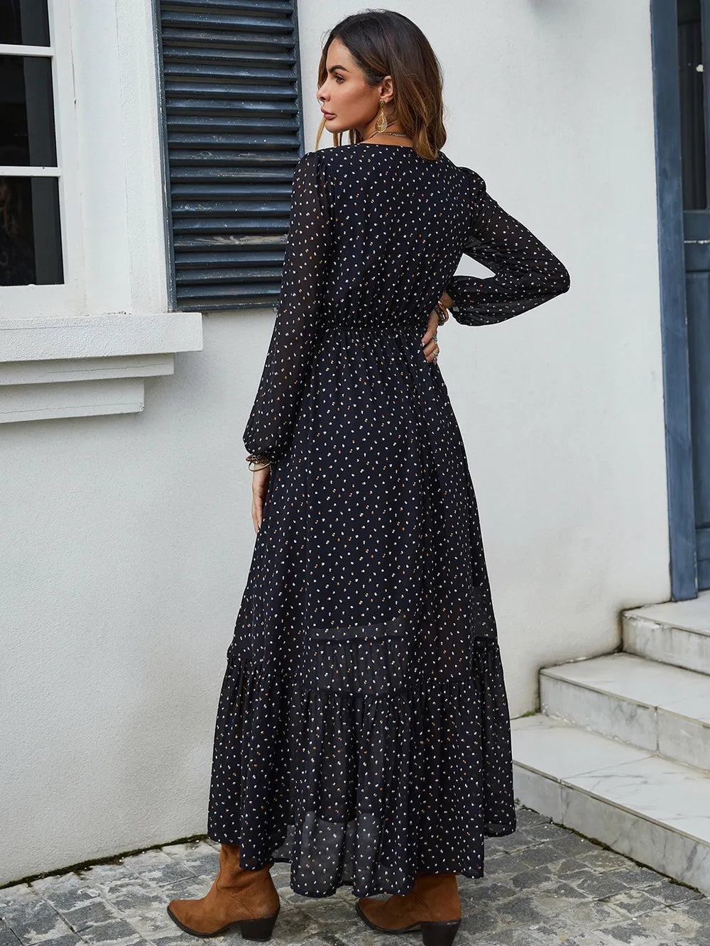 Embroidered V-Neck Long Sleeve Dress in navy with tiny dot print