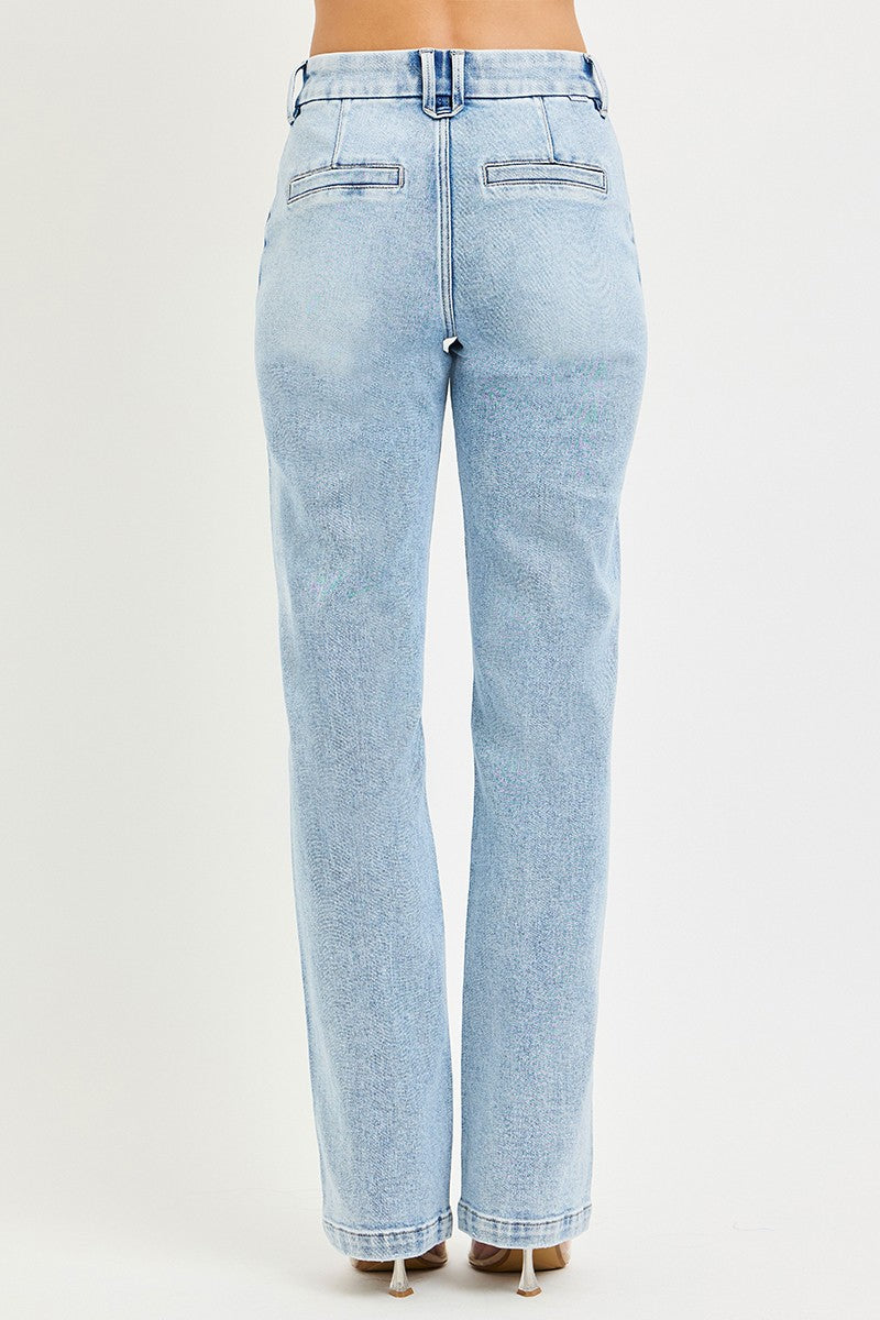 RISEN Tummy Control high-rise straight pin-tuck jeans, light blue denim by Trendsi, back view