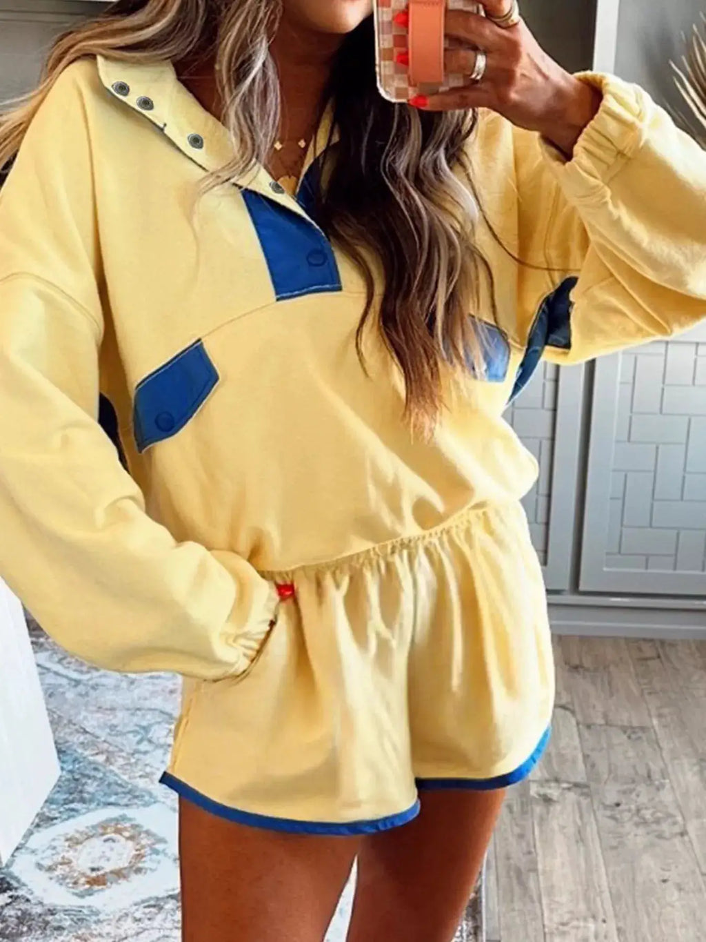 Belle Bijouix color-block patchwork half-button top and shorts 2-piece activewear set in yellow with blue accents