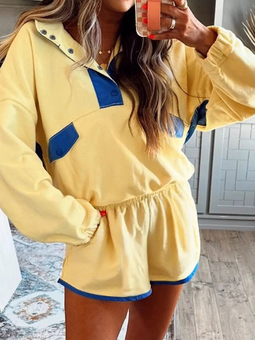 Belle Bijouix color-block patchwork half-button top and shorts 2-piece activewear set in yellow with blue accents