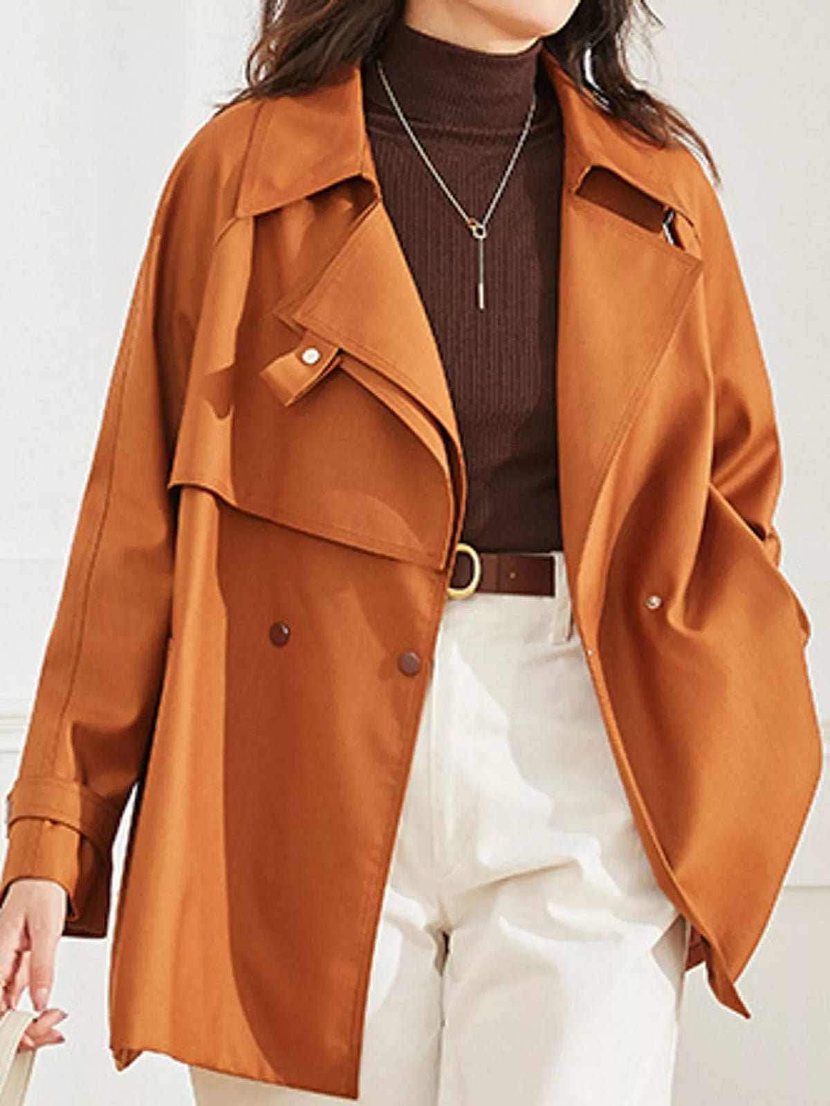 Double-Breasted Tie-Waist Short Trench Coat in Caramel by Belle Bijouix – view 5 of 20