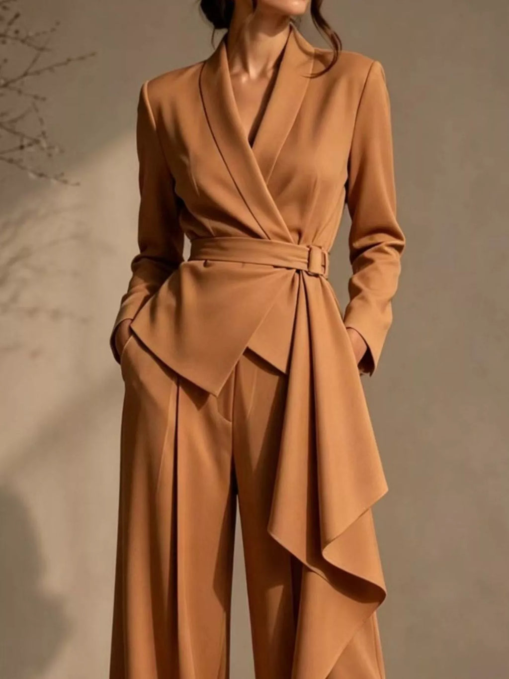 Belted Blazer and Wide-Leg Pants Set