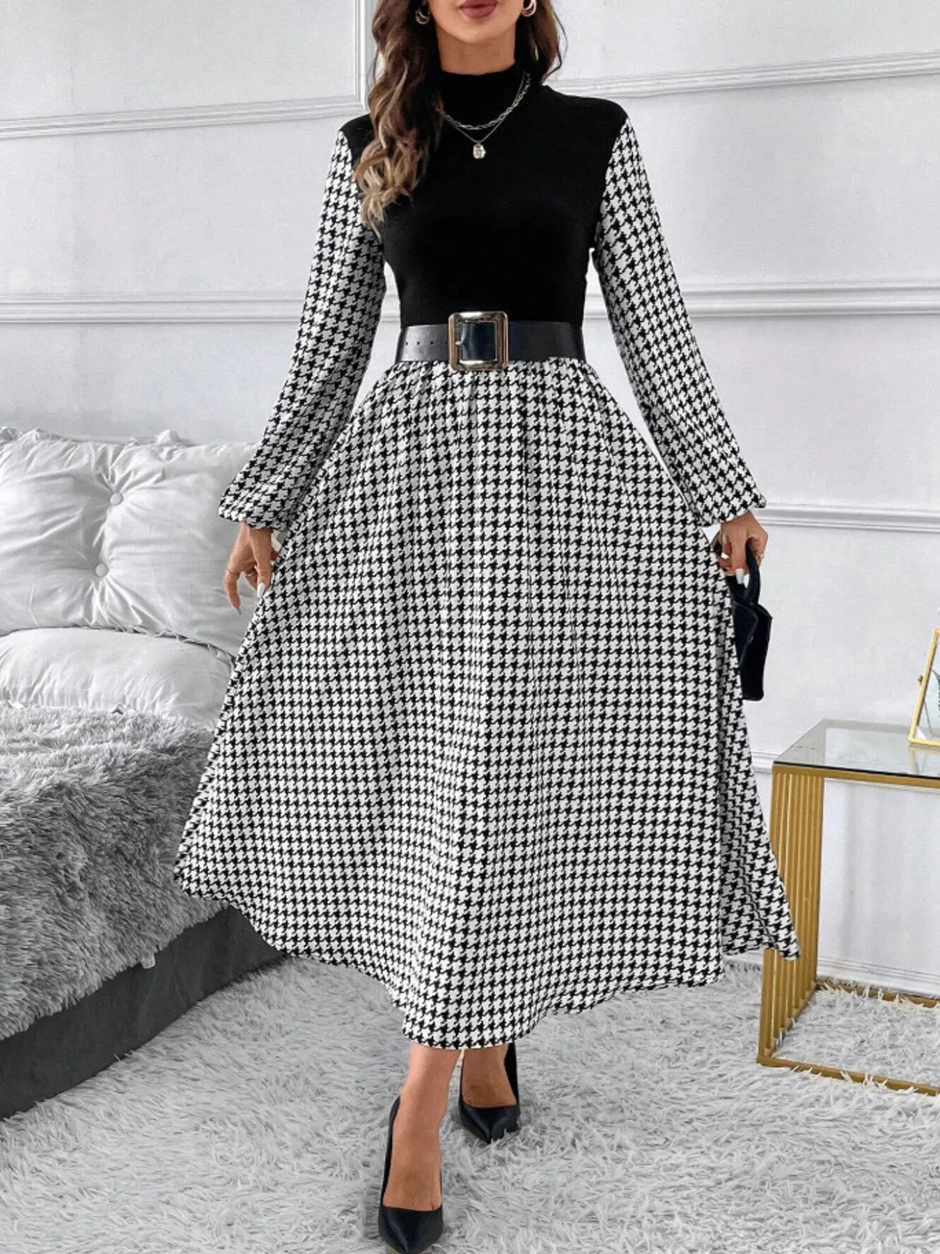 Houndstooth Mock Neck A-Line Dress with black bodice, belted waist, and midi-length skirt.