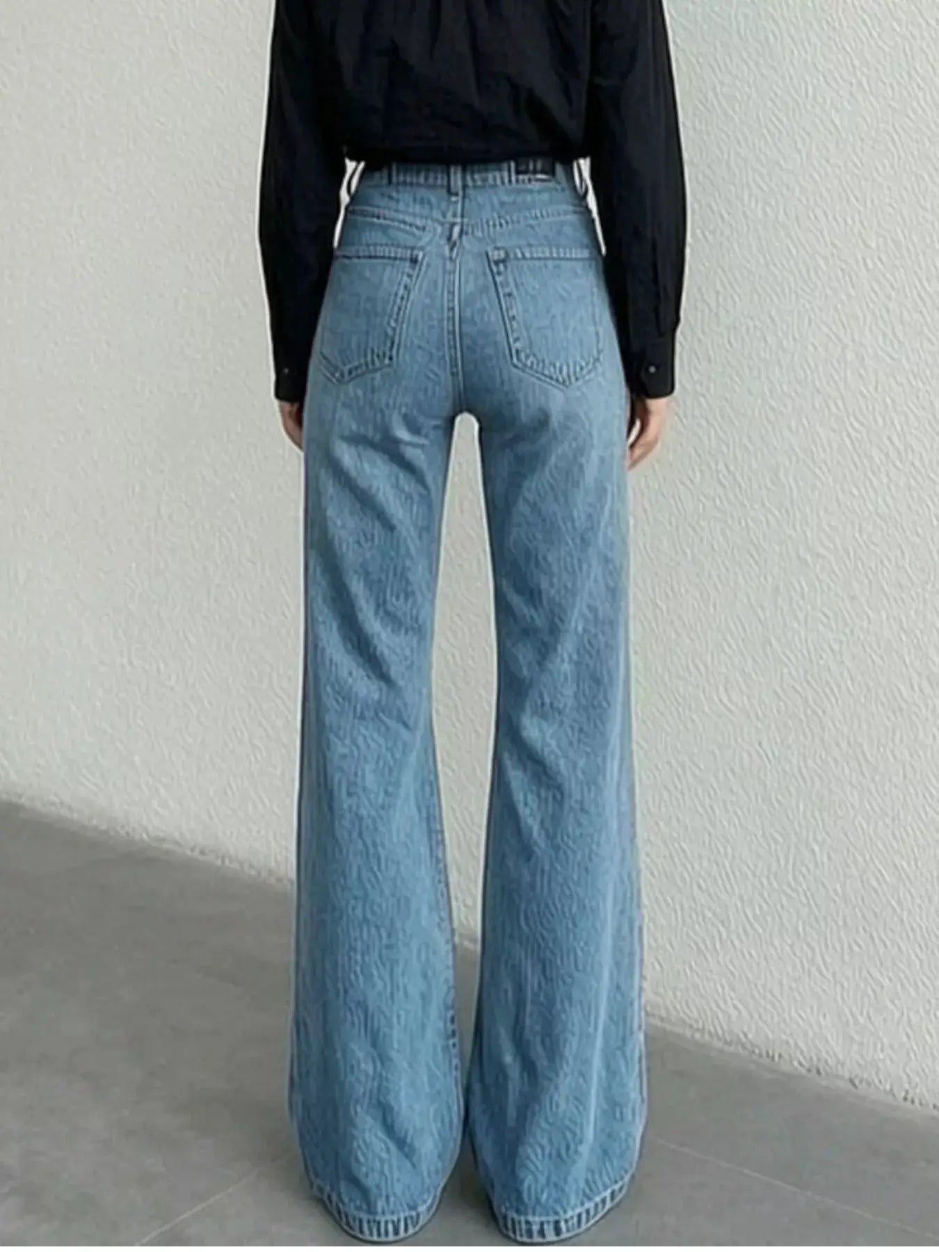 High-Waisted Bootcut Jeans by Trendsi, light blue denim, back view with pockets
