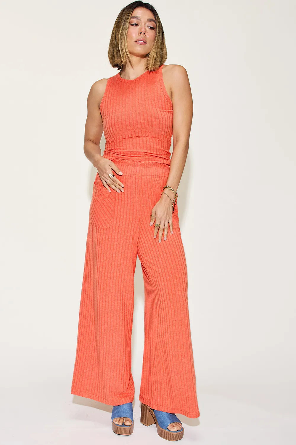Basic Bae ribbed tank and wide-leg pants two-piece outfit in coral