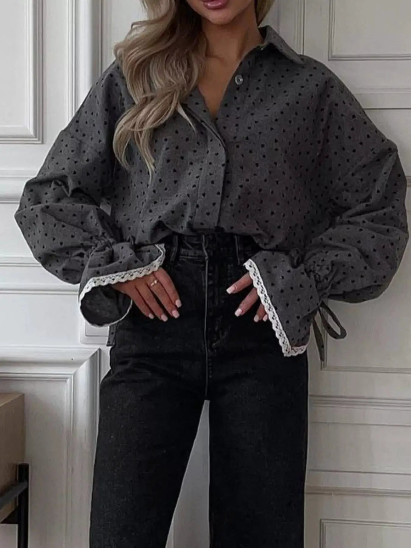 Heart Print Button Up Flounce Sleeve Shirt in dark gray with oversized puff sleeves and lace-trim cuffs.
