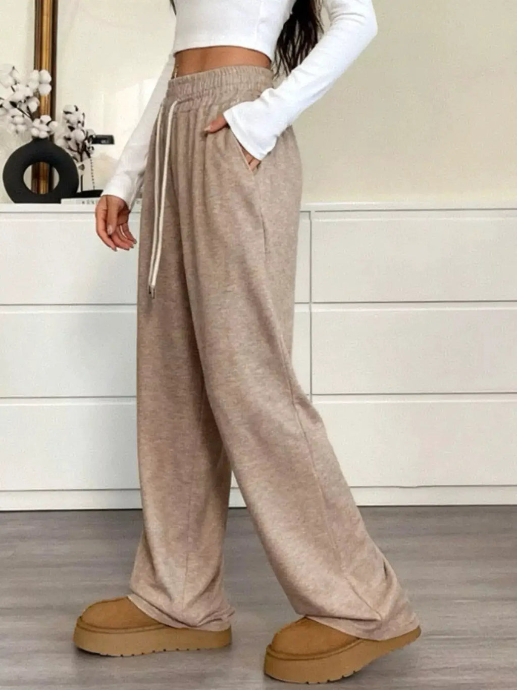 Full-size drawstring high-waist wide-leg pants by Belle Bijouix, plus-size, beige with pockets