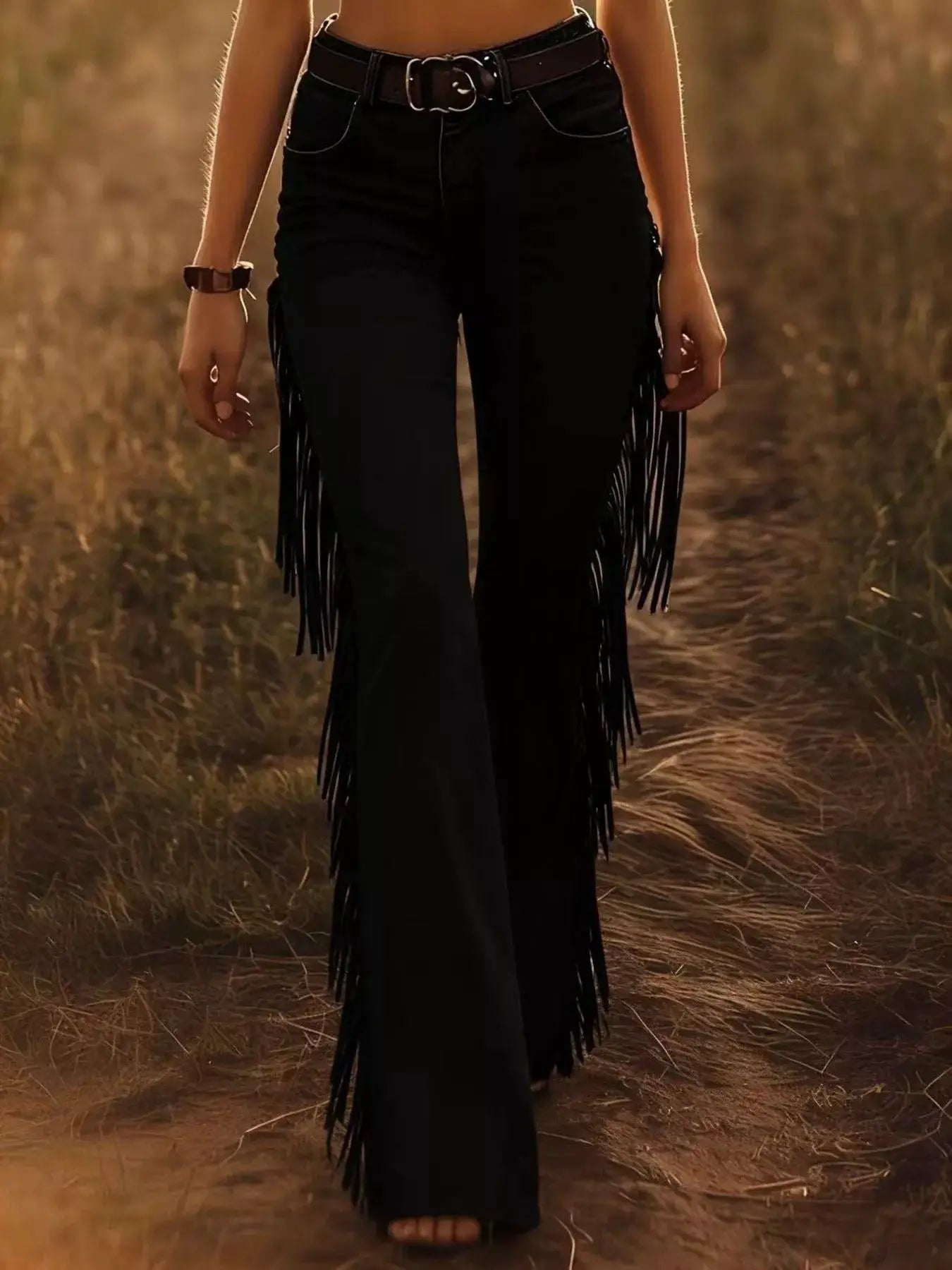 Fringe Trim Flare Pants by Trendsi in black with belt and long side fringe