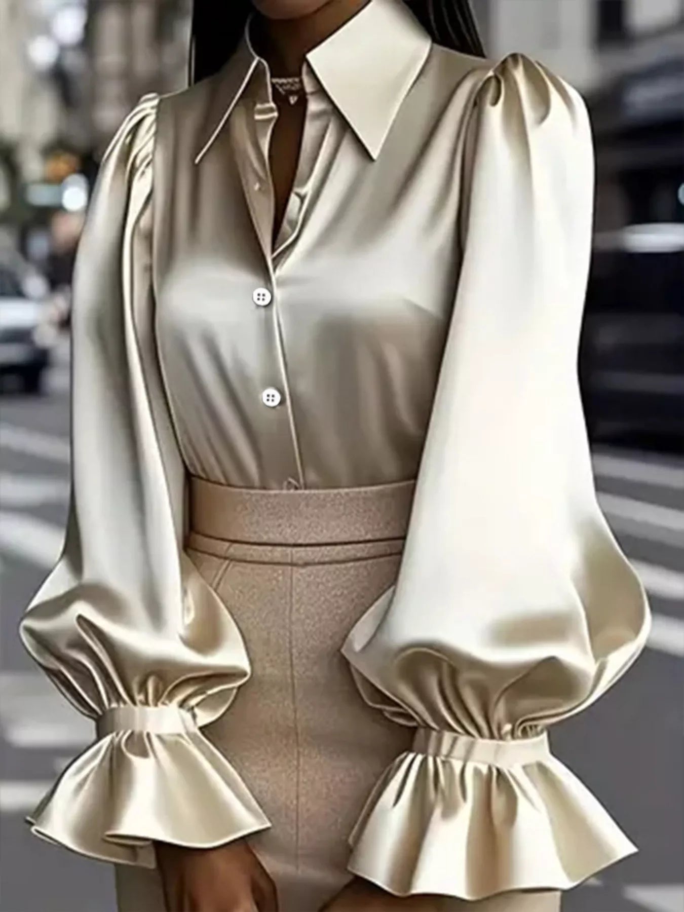 Satin Button Up Flounce Sleeve Shirt in champagne beige with puff sleeves