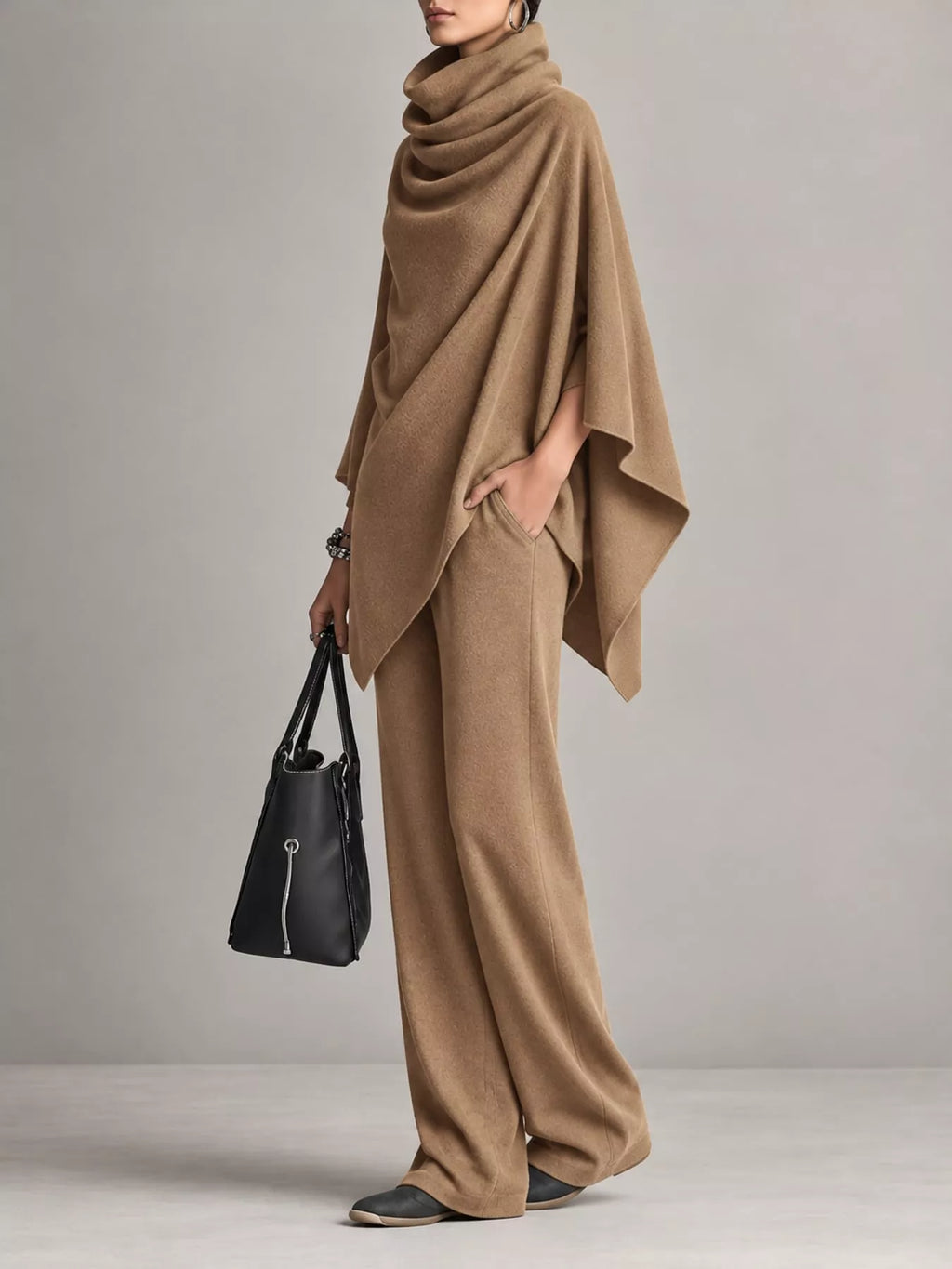 Turtleneck Poncho & Wide-Leg Pants Set in Camel by Belle Bijouix – view 11 of 24