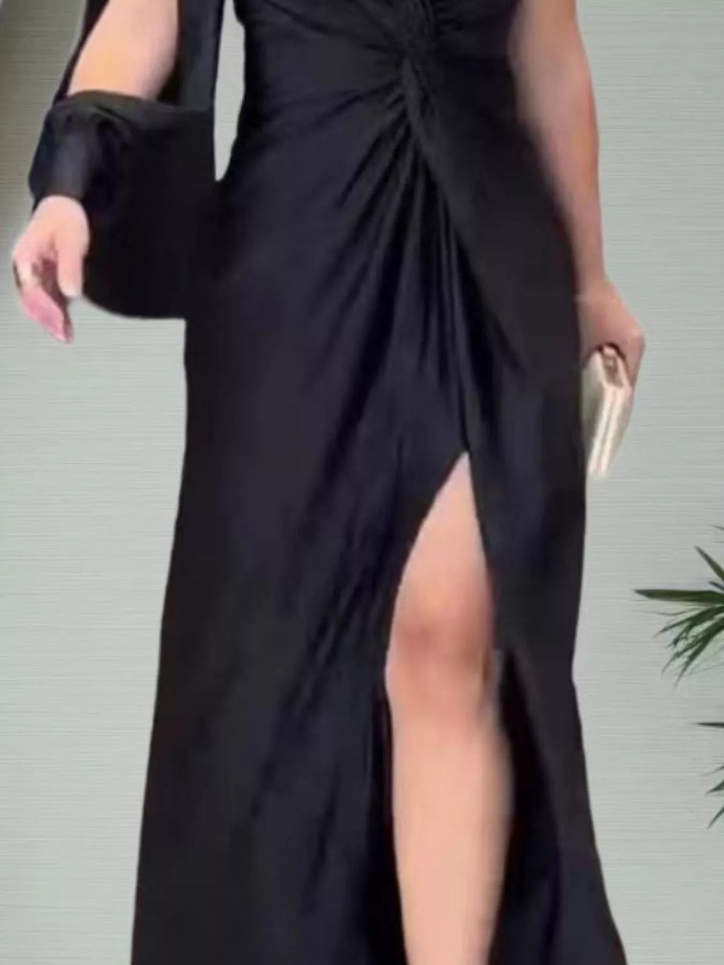 Trendsi black one-shoulder knot-detail maxi dress with side slit, plus size