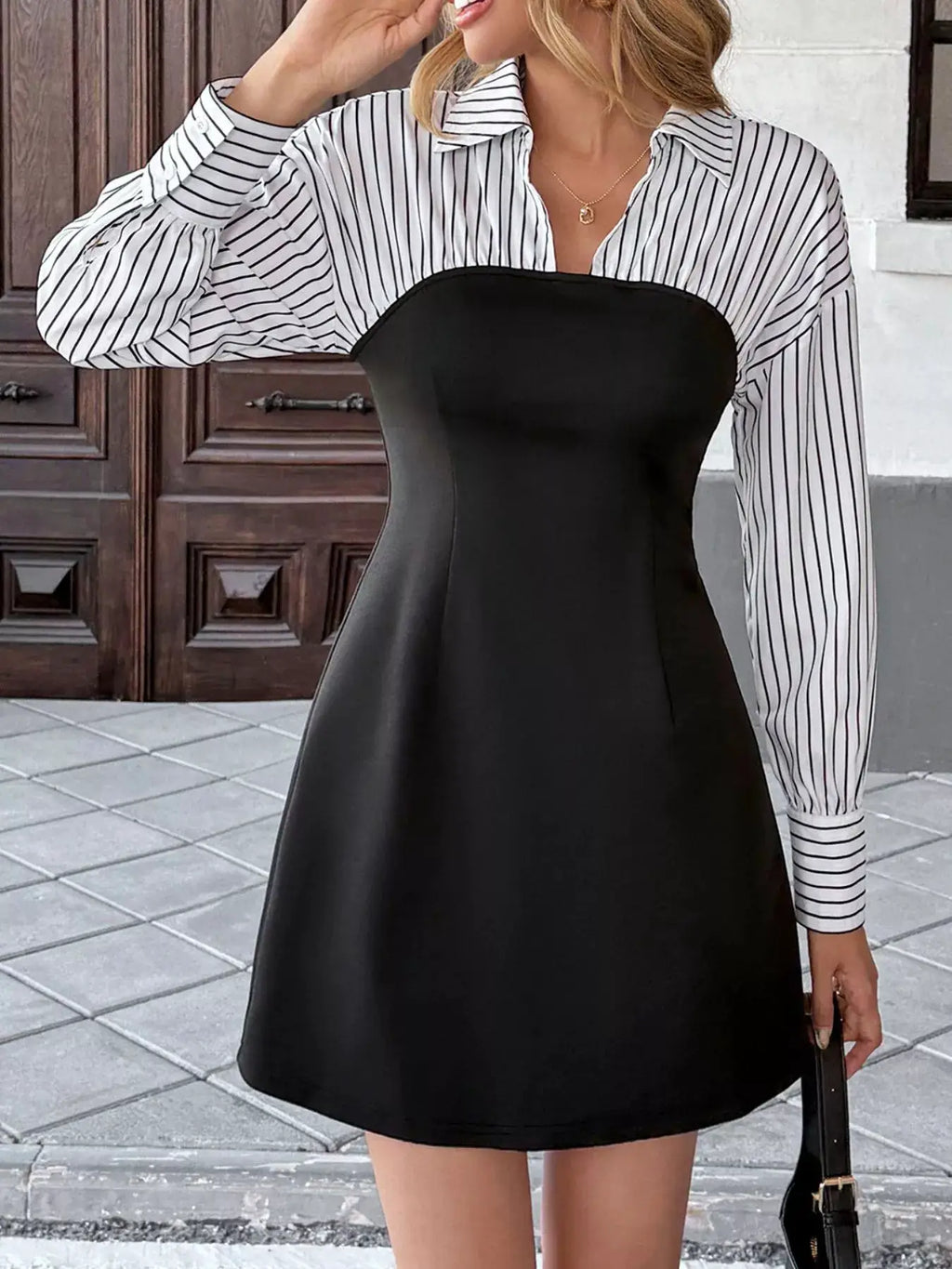 Striped Shirt Panel Bodycon Mini Dress, black fitted dress with white striped shirt-style top and long sleeves