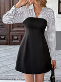 Striped Shirt Panel Bodycon Mini Dress, black fitted dress with white striped shirt-style top and long sleeves