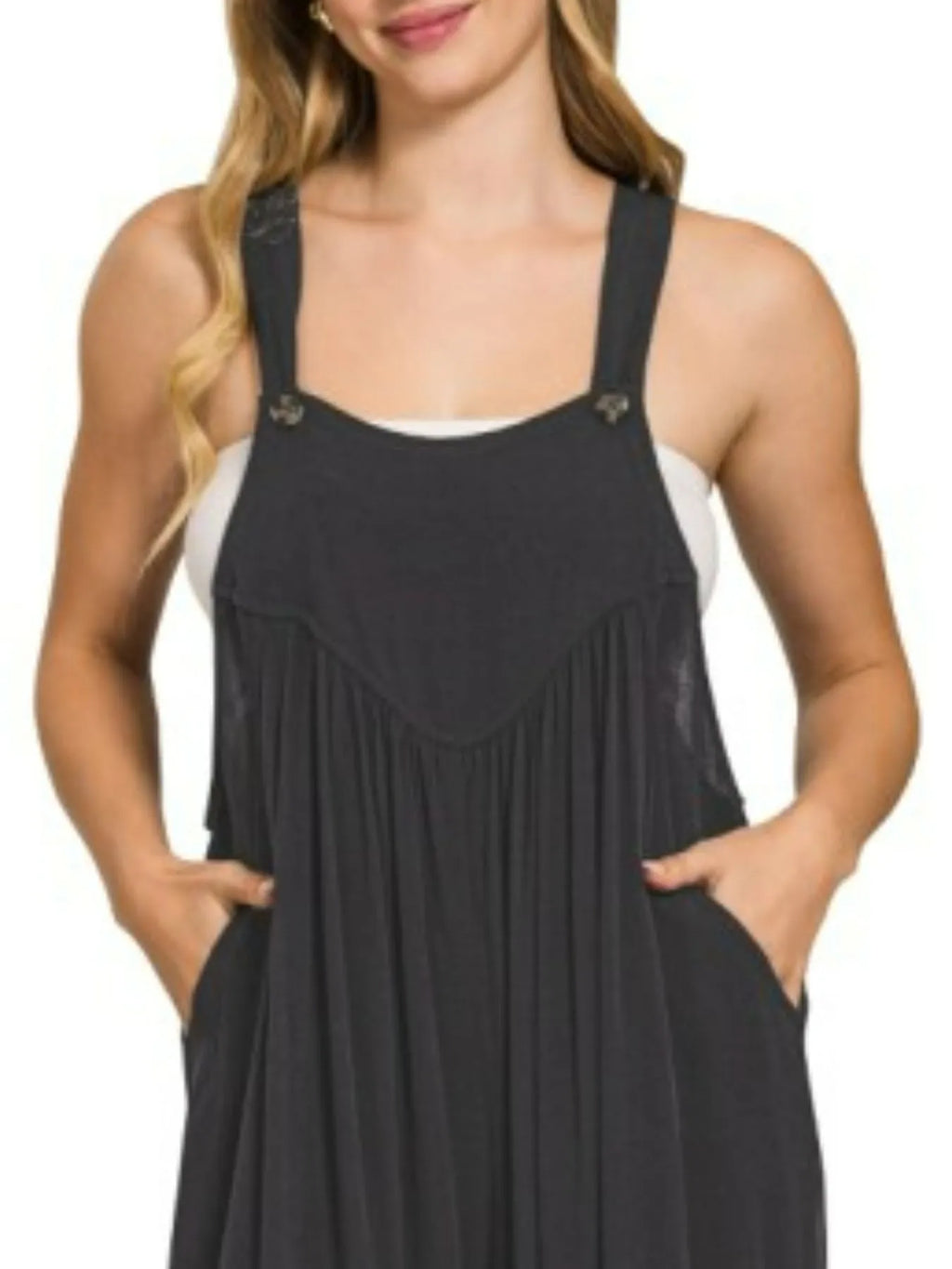 Zenana Woven Rayon Crepe Wide Leg Overalls in black with fringe panel and pockets; Belle Bijouix