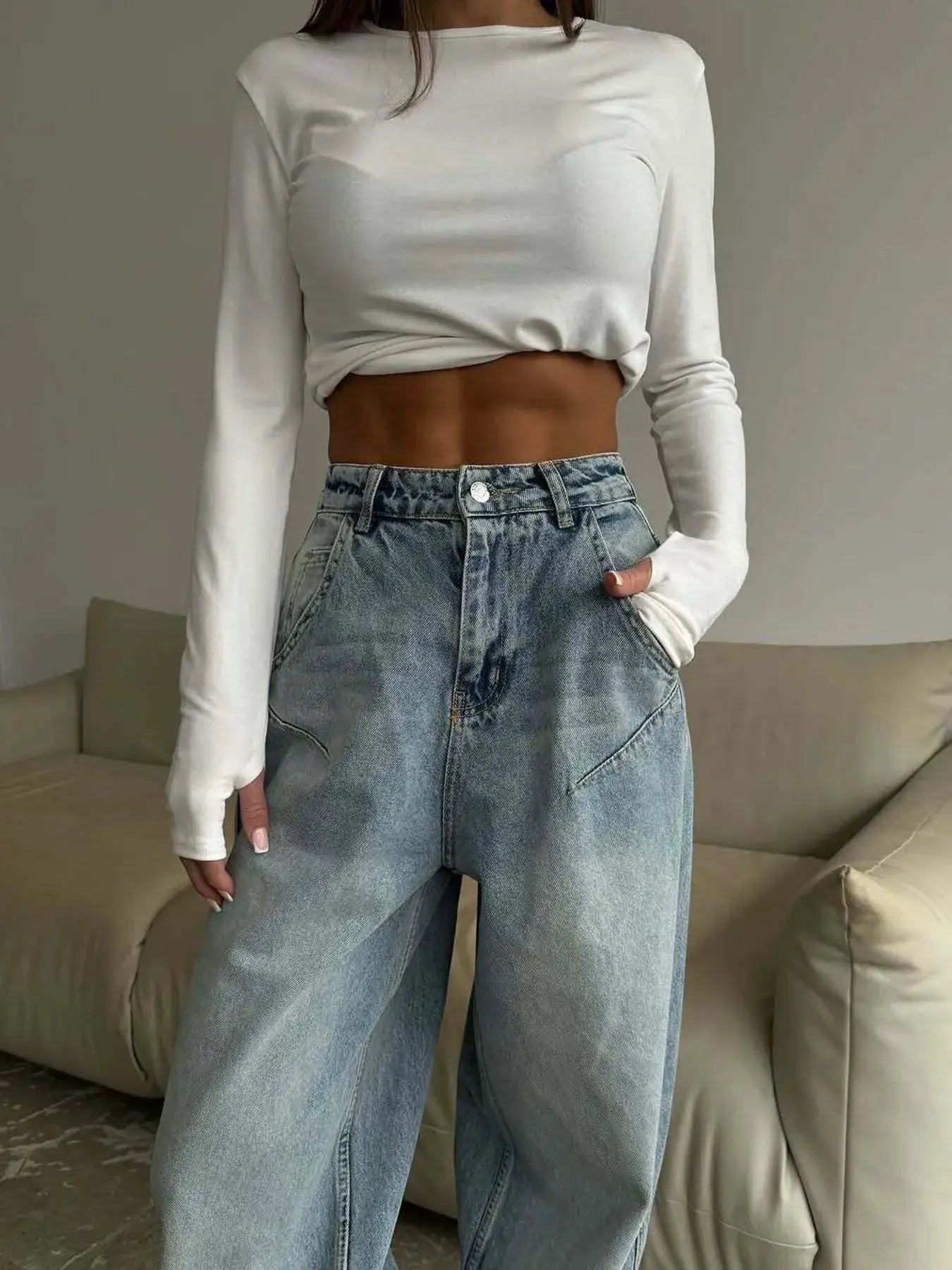 Wide Leg Jeans, light blue denim, high-rise with pockets