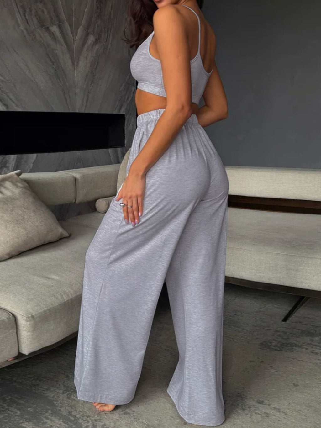 Scoop Neck Cami and Pants Set by Trendsi in gray heather; sleeveless top with thin straps and wide-leg lounge pants