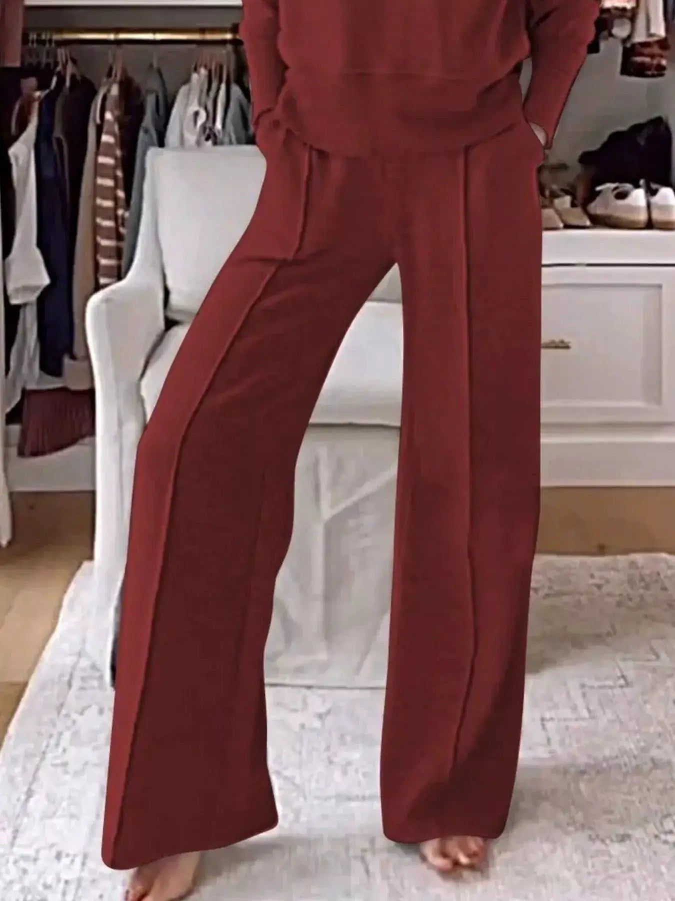 Full Size Cozy V-Neck Top and Pants Set from Belle Bijouix, plus-size rust loungewear with pockets