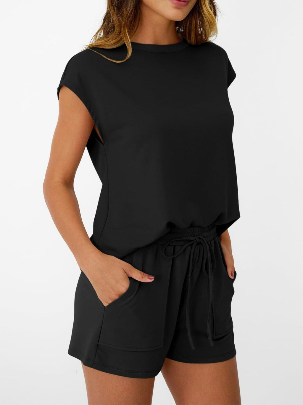 Round-neck cap-sleeve top and shorts set by Trendsi in black with a drawstring waist.