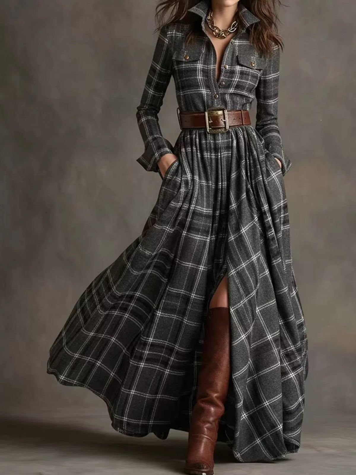 Belted Plaid Button-Down Maxi Shirt Dress in Gray Plaid by Belle Bijouix – view 11 of 27
