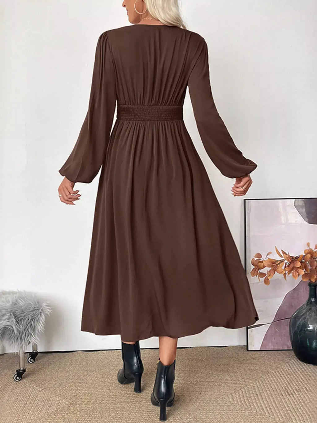 V-Neck Balloon Sleeve Midi Dress in brown by Trendsi with smocked waist.