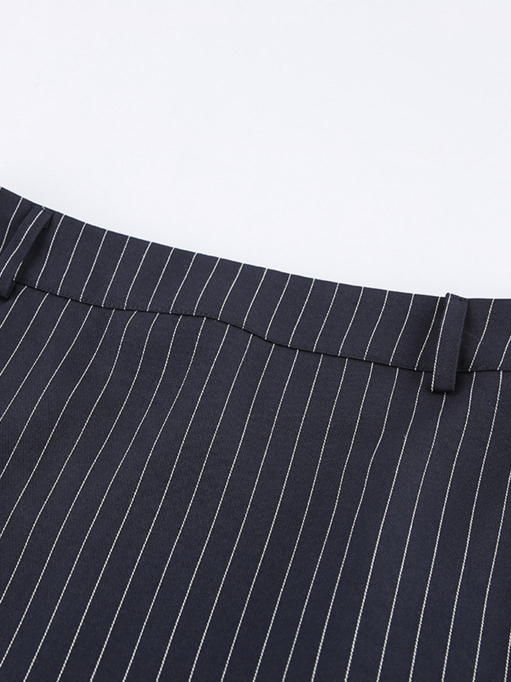 Navy striped mini skirt waistband with visible belt loops