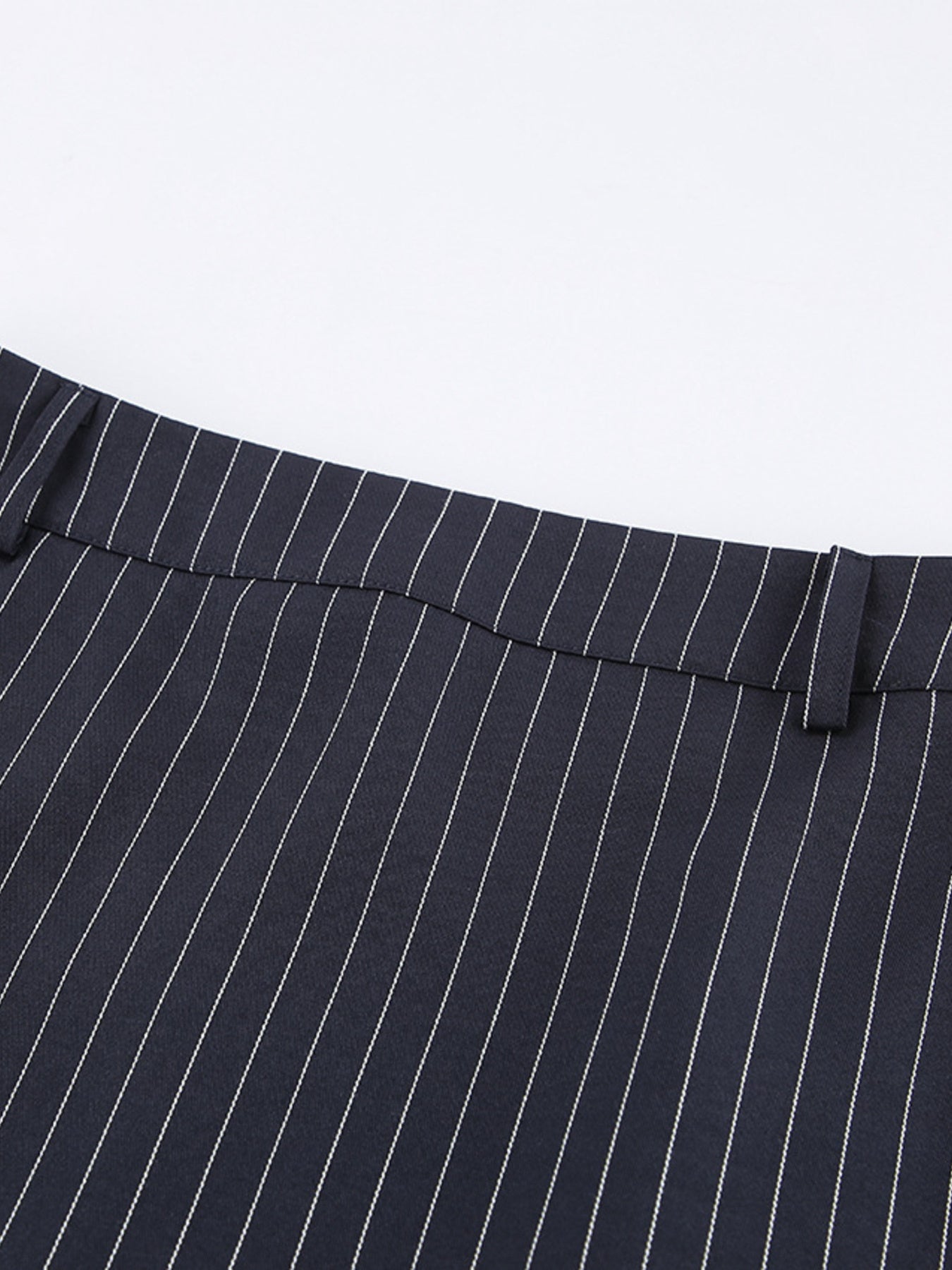 Navy striped mini skirt waistband with visible belt loops