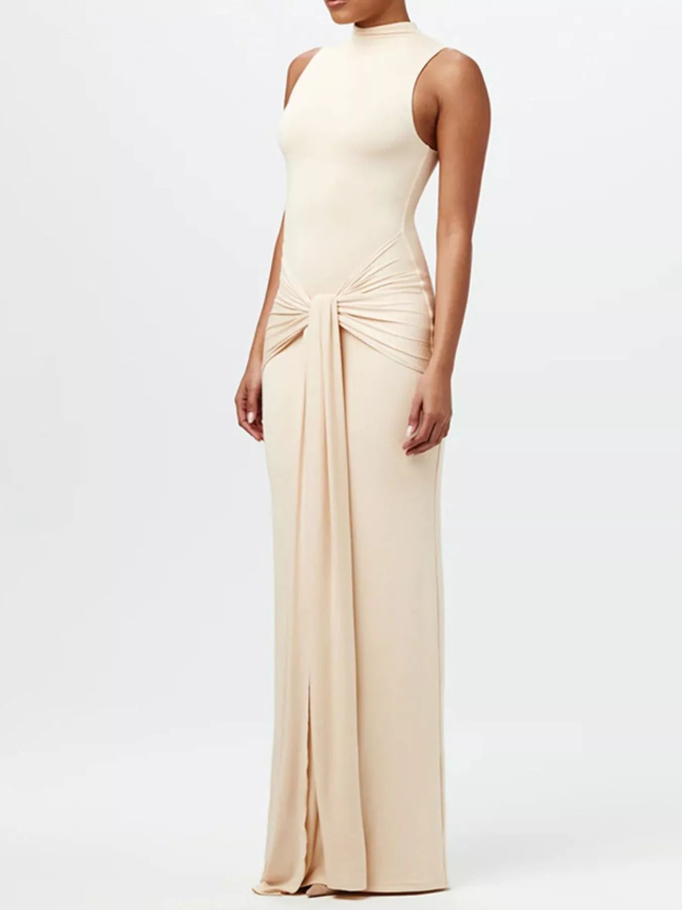DRESS: sleeveless mock-neck knot-front maxi dress in nude beige