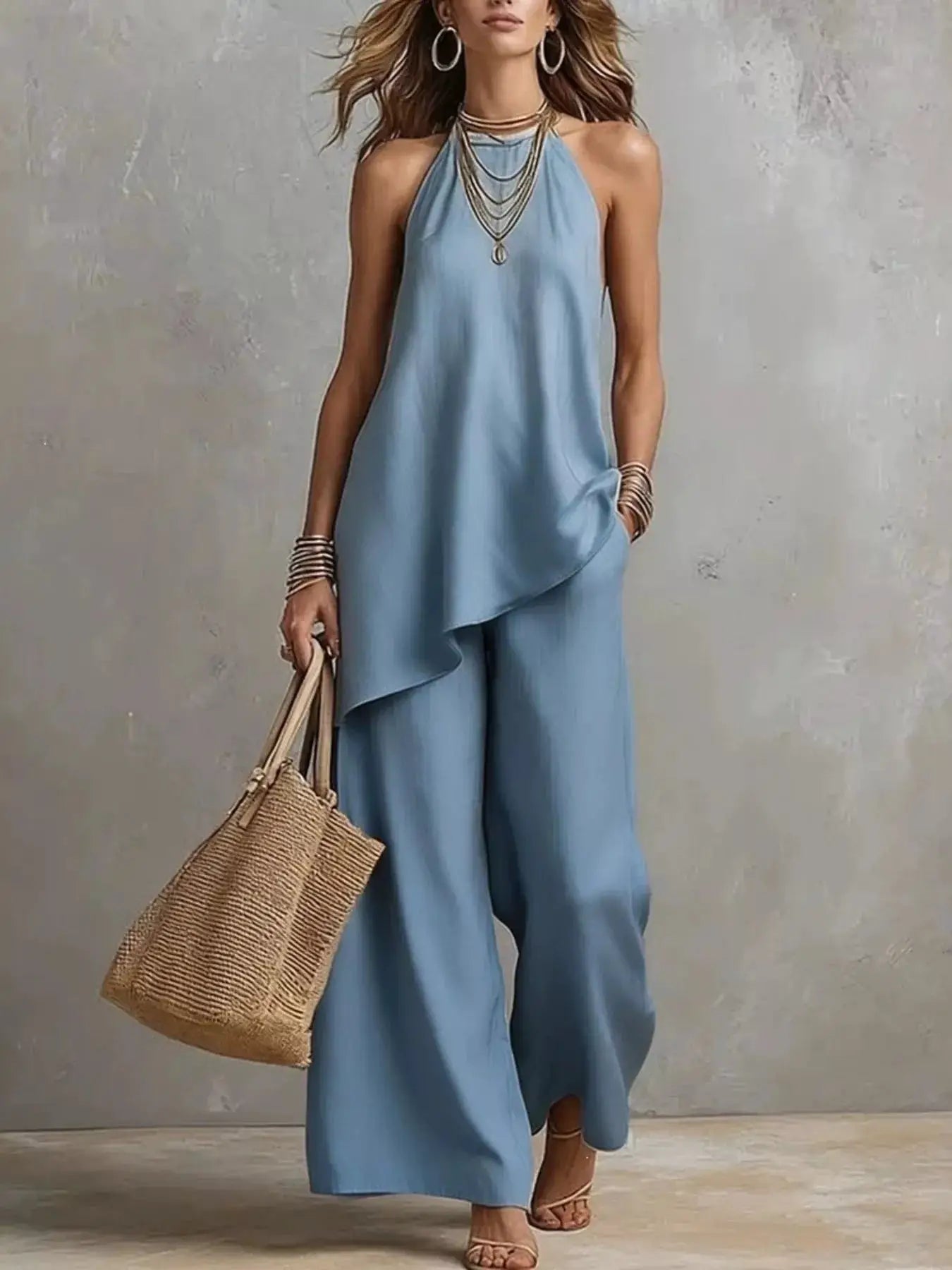Belle Bijouix full-size outfit set: light blue asymmetrical-hem cami with wide-leg pants (plus size)