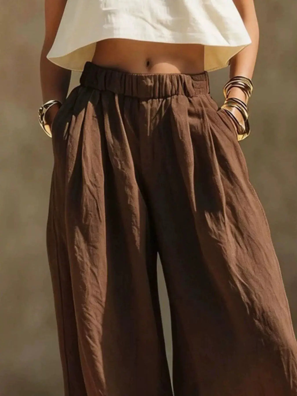 Full Size Elastic Waistband Wide Leg Pants Plus Size in brown by Trendsi