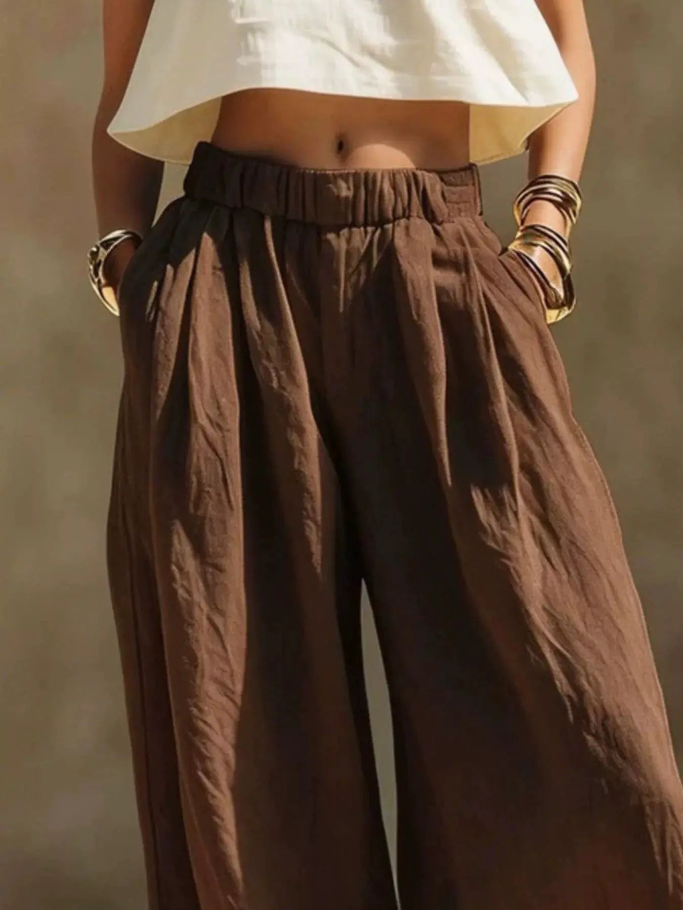 Full Size Elastic Waistband Wide Leg Pants Plus Size in brown by Trendsi