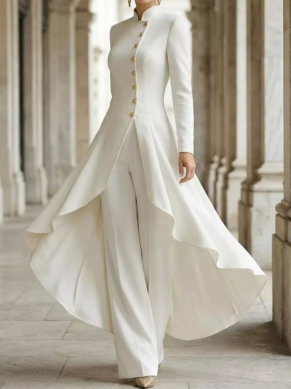Ruffled High-Low Button Tunic & Wide-Leg Pants Set in White by Belle Bijouix – view 3 of 82