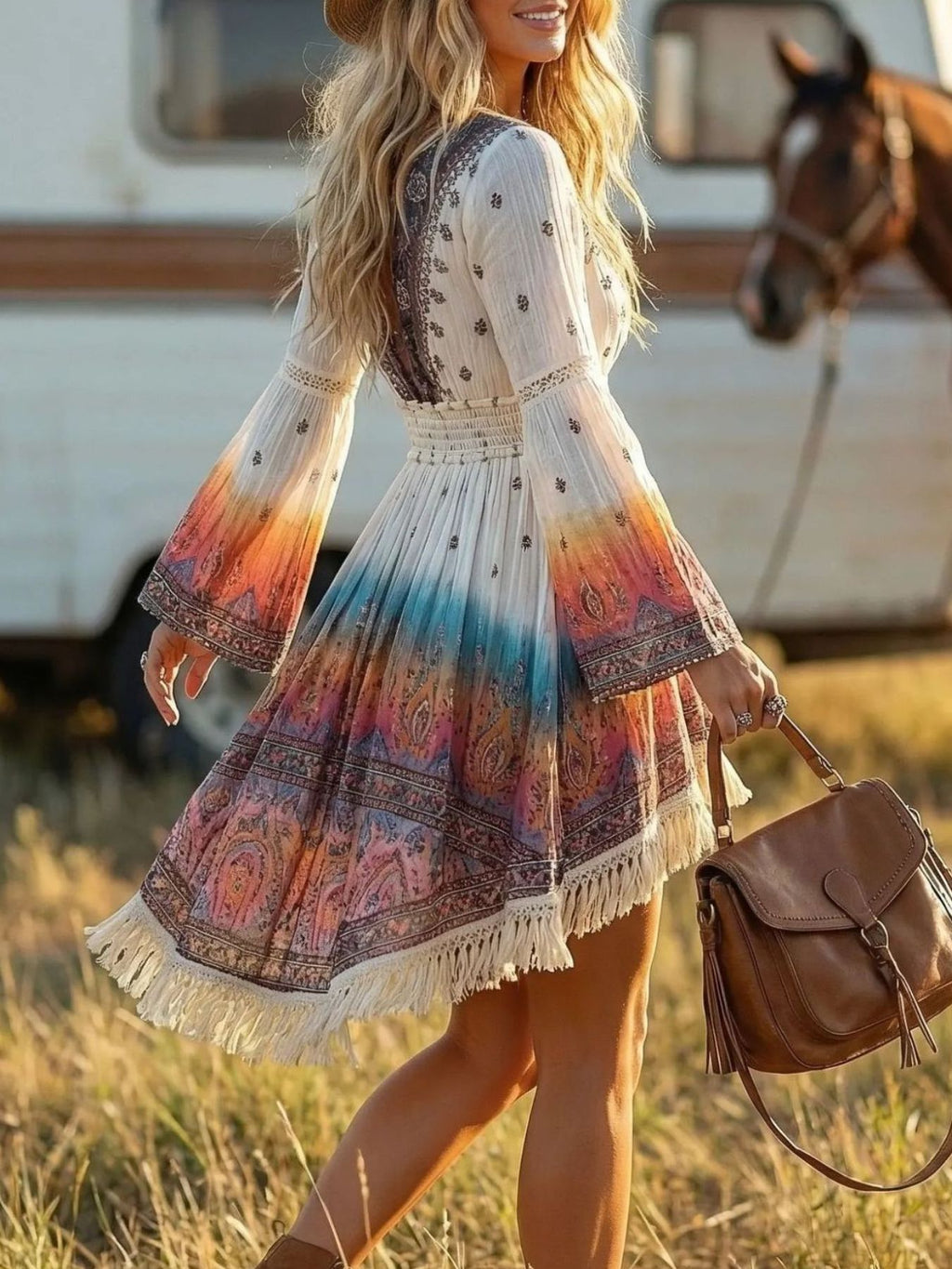 Fringe Hem V-Neck Dress; boho white-to-ombre gradient with bell sleeves and fringe trim