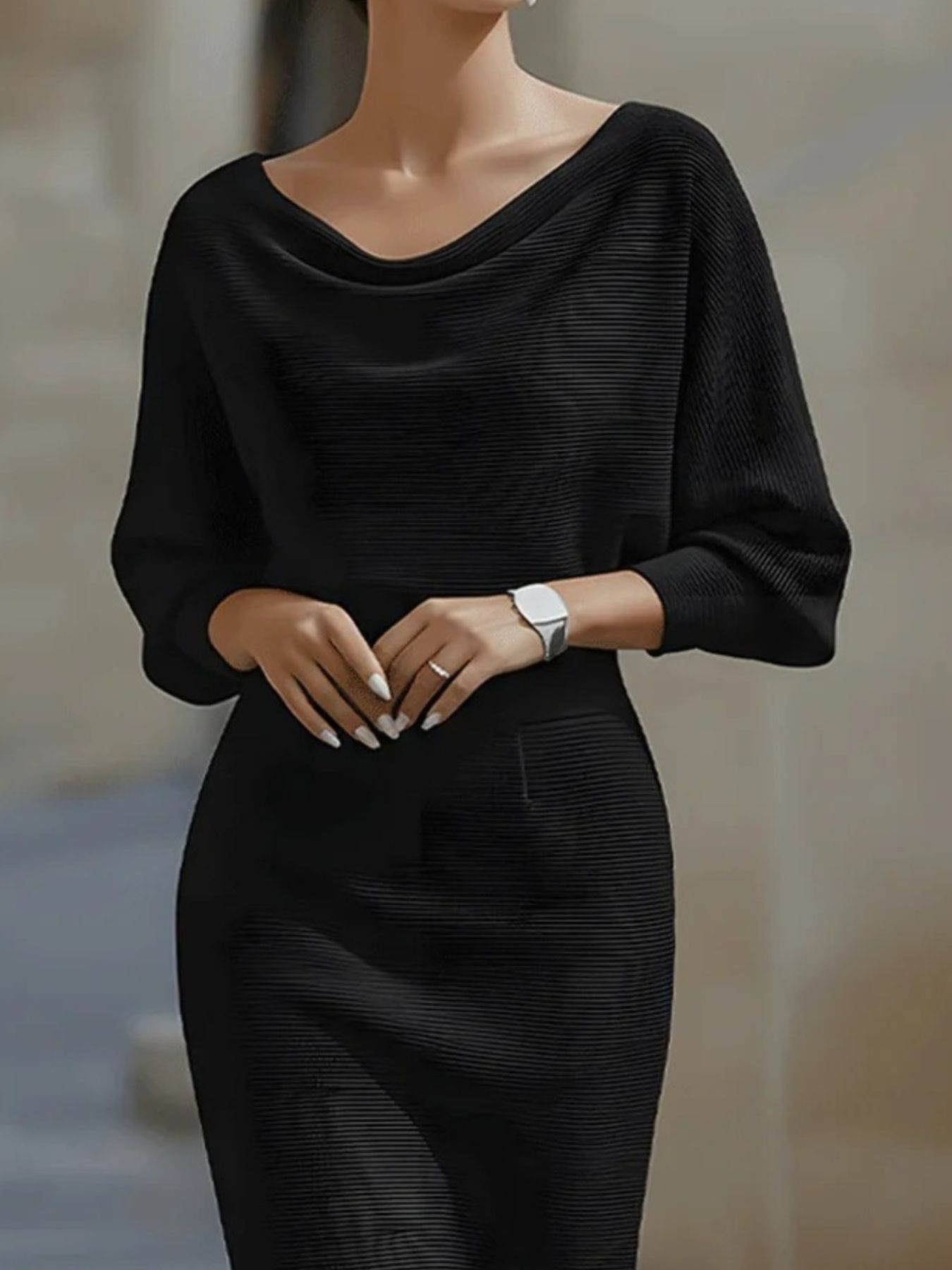 Cowl Neck Knit Bodycon Dress by Belle Bijouix in black ribbed knit.