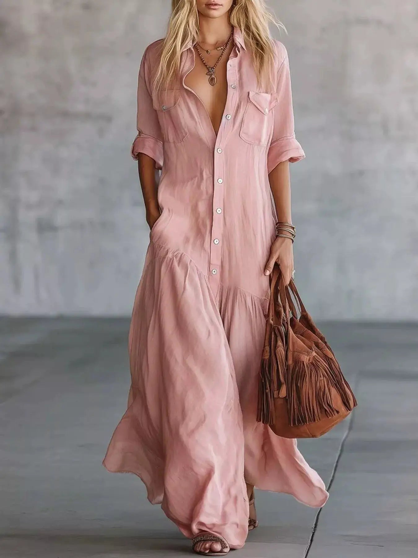 Plus Size Maxi Dress with button front, roll-up sleeves and pockets in blush pink