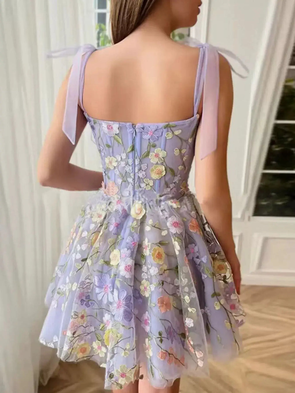 Floral Applique Tie Shoulder Mini Dress in light purple by Belle Bijouix, fully lined