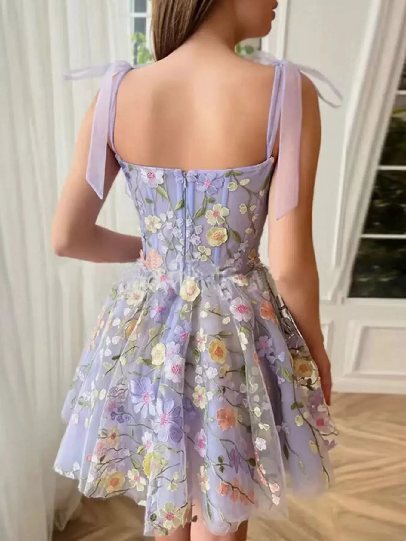 Floral Applique Tie Shoulder Mini Dress in light purple by Belle Bijouix, fully lined