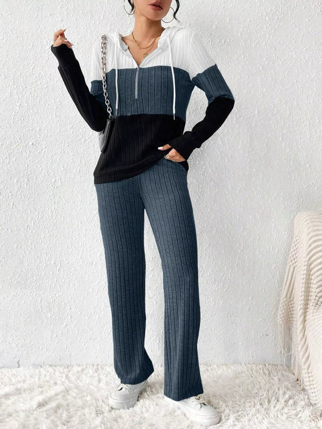 Color Block Half Zip Hooded Top and Pants Set, white/blue/black ribbed knit active wear with drawstrings