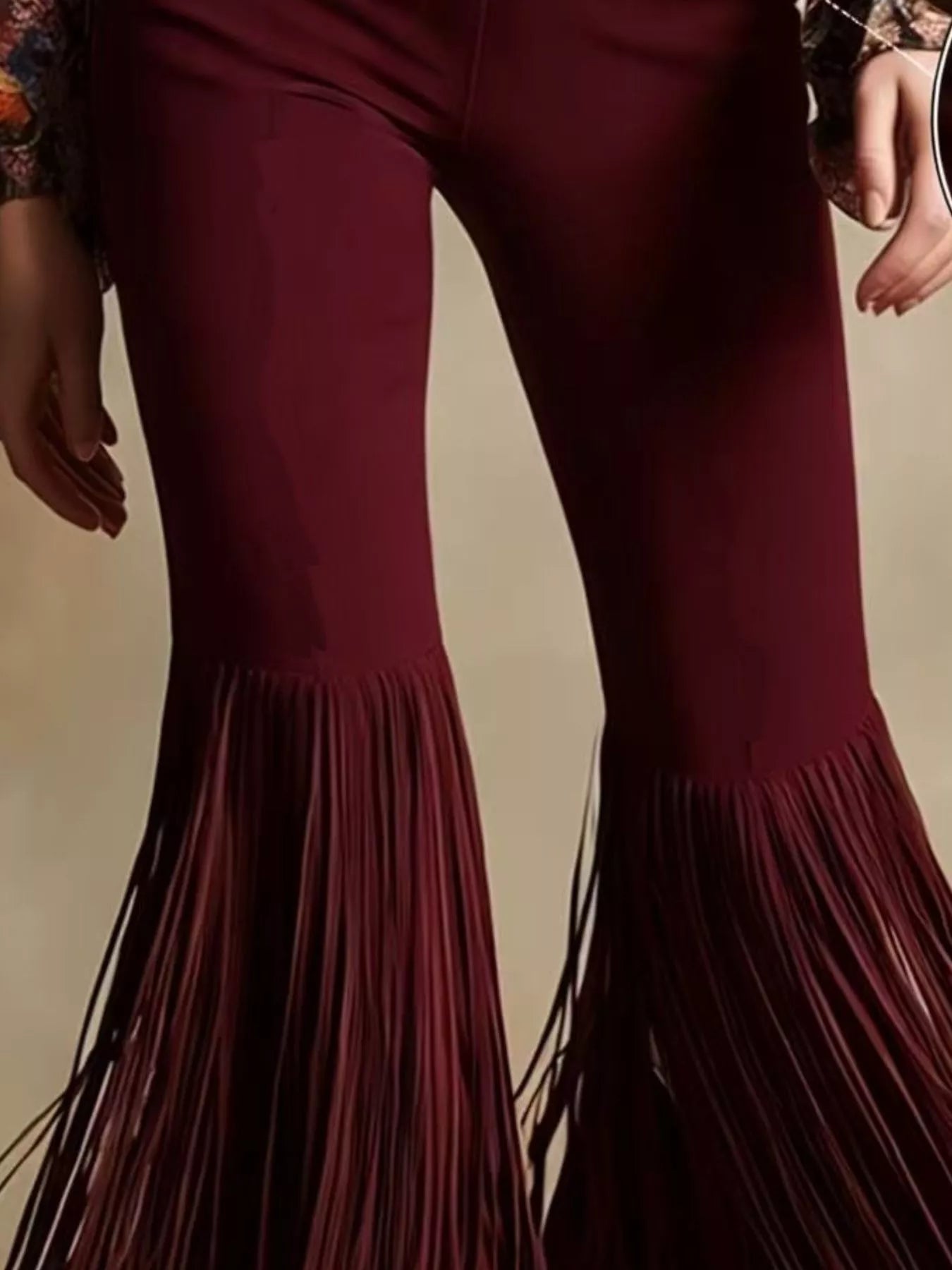 Fringe Flare Pants by Trendsi in burgundy with long fringe hems