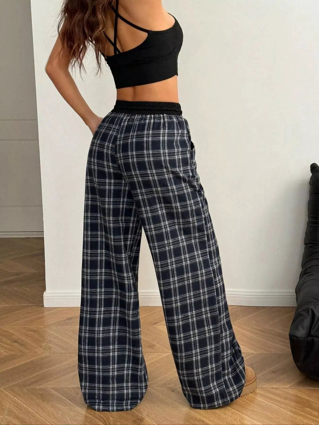 Relaxed Fit Plaid Pants with navy plaid, drawstring waist and pockets