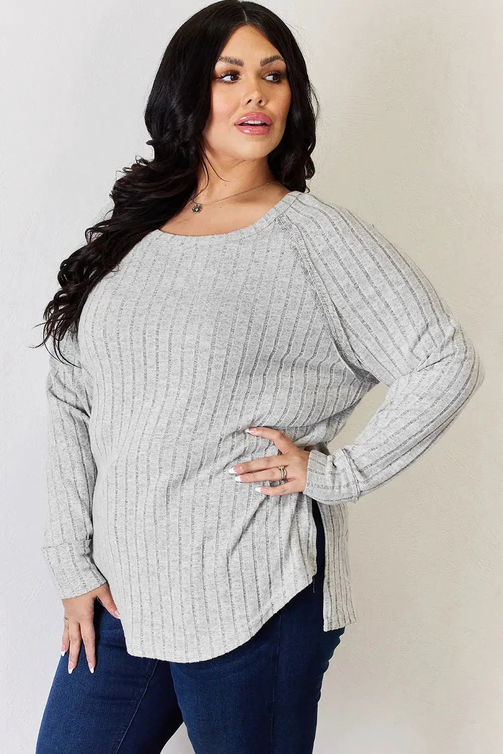 Basic Bae Full Size Ribbed Round-Neck Slit T-Shirt by Belle Bijouix, light gray knit top