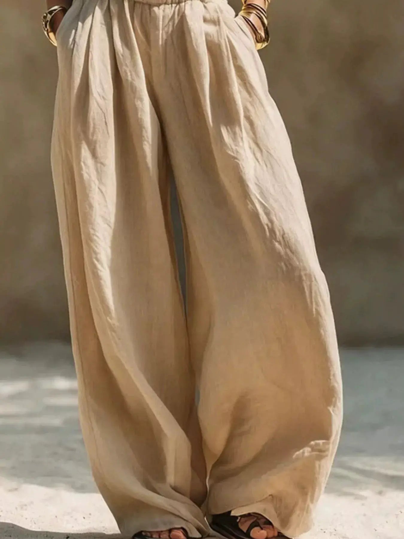 Full Size elastic waistband wide-leg pants in beige linen-look fabric, plus size by Trendsi