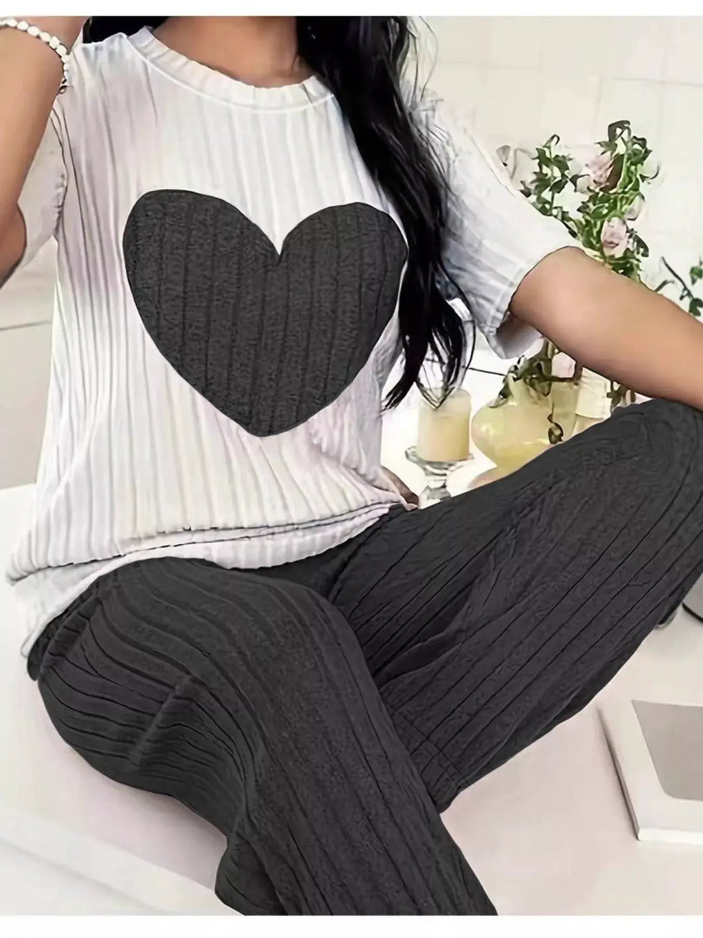 Heart ribbed knit top and pants two-piece lounge set: white top with large black heart and charcoal ribbed pants